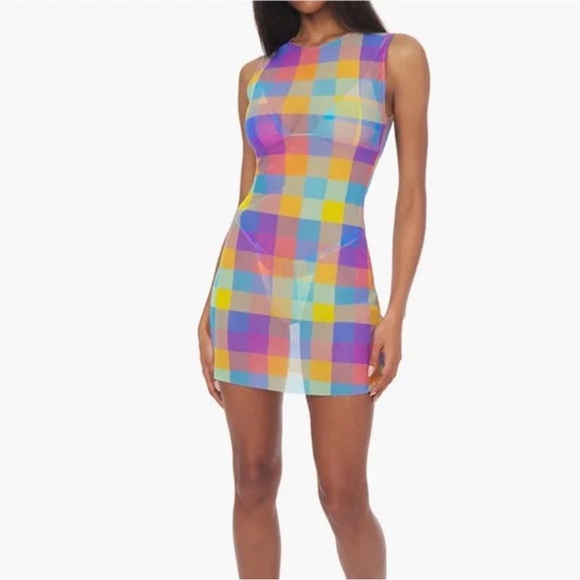 WeWoreWhat Gingham plaid 3 piece Bikini Set & Mesh Muscle Tank Dress - Picture 2 of 11